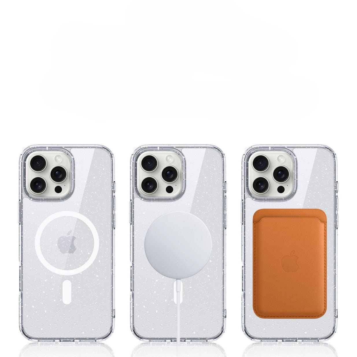 Three smartphone cases are displayed: the first case, a Slim Clear MagSafe iPhone 16 Pro Max Case with TPU material, air cushion corners, anti-fingerprint and anti-stain features has a visible circular MagSafe design; the second case features an attached magnet; and the third case showcases an orange leather wallet attachment.