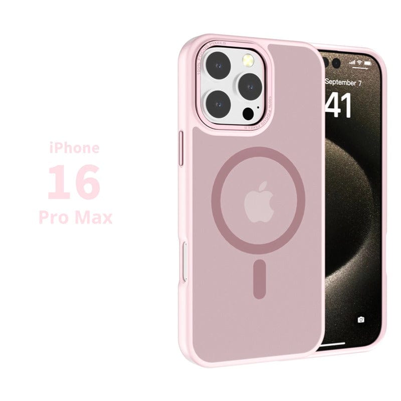 An iPhone 16 Pro Max in a pink MagSafe case with a circular design on the back is shown next to a text label reading "MagSafe iPhone 16 Pro Max Case - Soft-Touch Finish, TPU+PC Material, Anti-Slip, Metal Camera Frame.