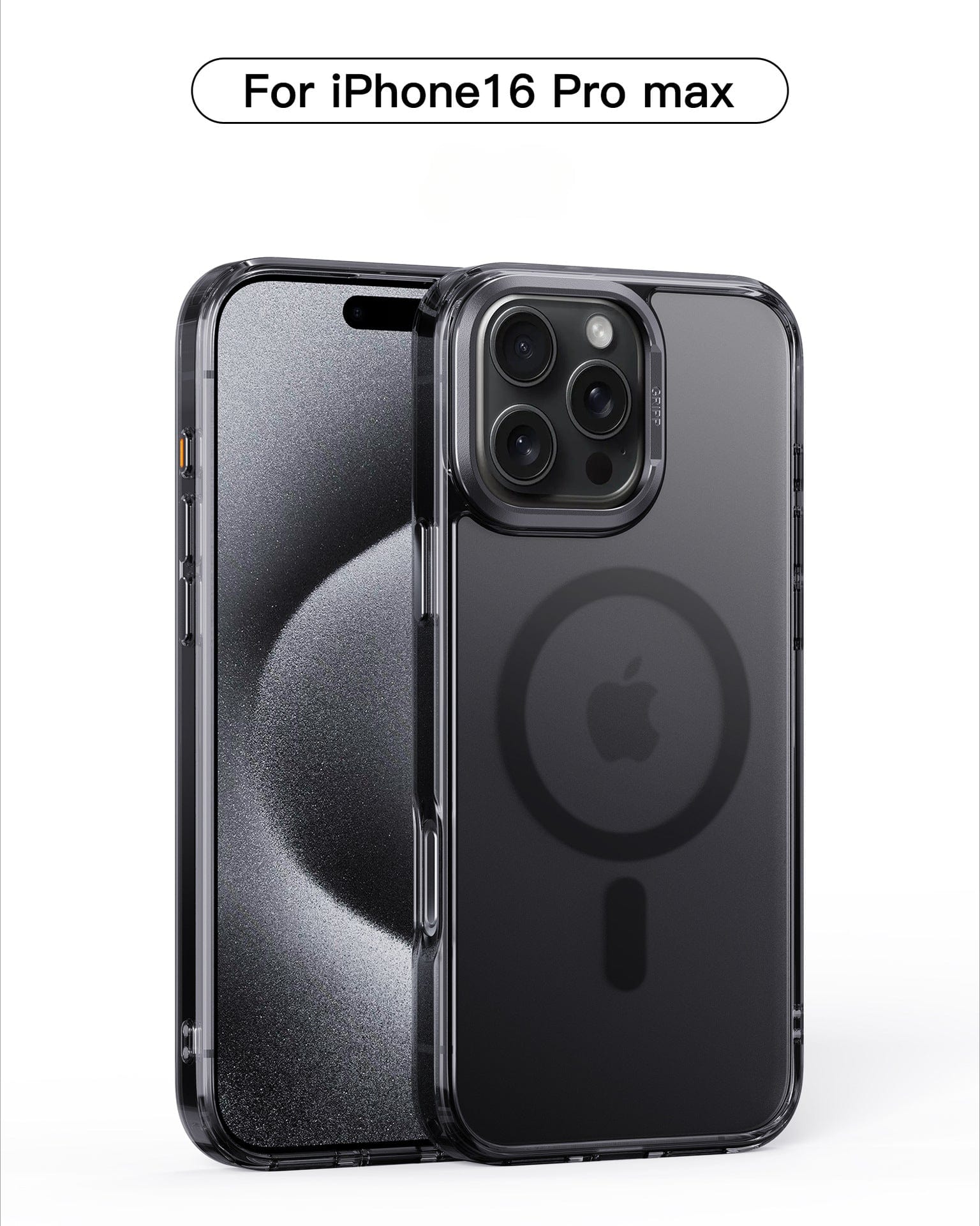 A clear case for the iPhone 16 Pro Max is showcased on a black device with three camera lenses and a MagSafe ring. It boasts anti-fingerprint technology, raised camera protection, and offers a secure fit.