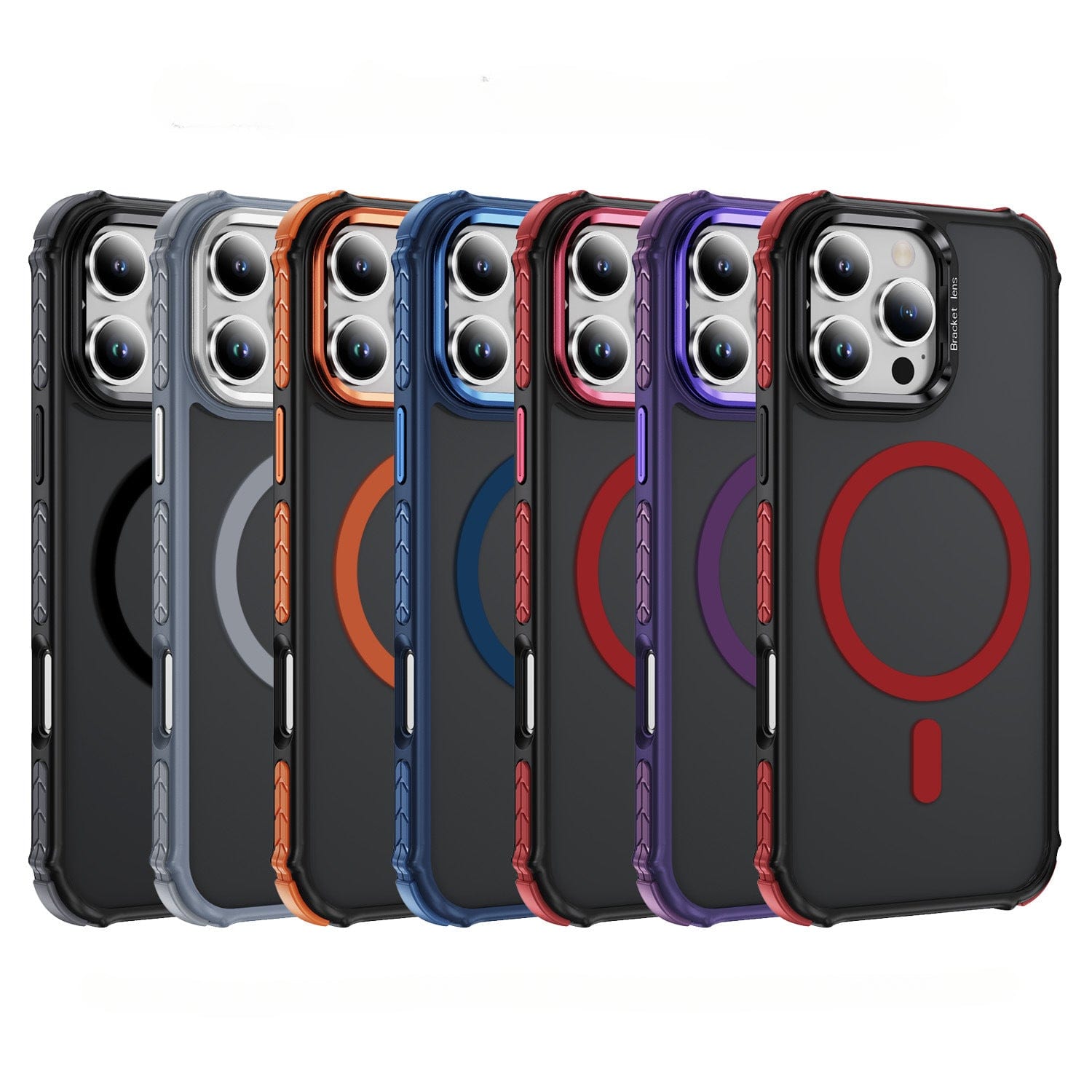 Row of six iPhone 16 Pro Max Rugged MagSafe Cases featuring dual-layer shockproof protection and metal kickstands, available in black, gray, orange, blue, purple, and red colors.