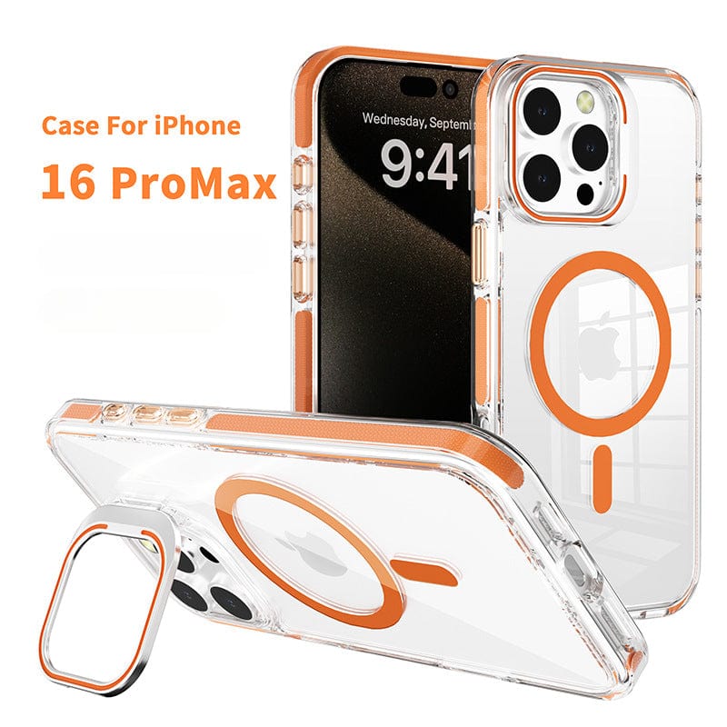 Clear MagSafe iPhone 16 Pro Max case with an adjustable acrylic frame stand, TPU and acrylic material, and camera protection for your iPhone 16 Pro Max.