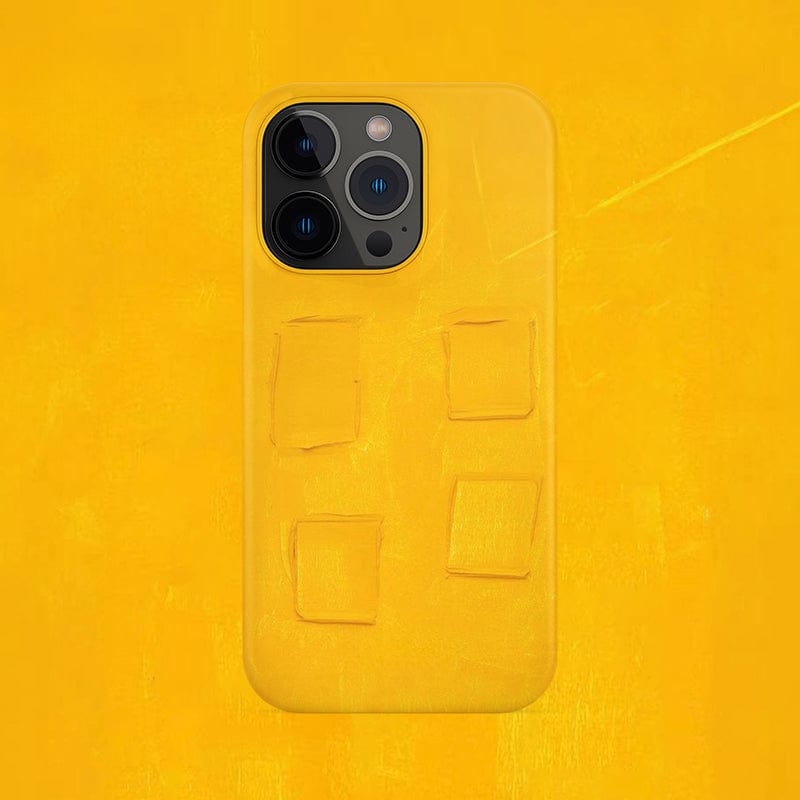 A smartphone with a Bold Yellow Textured iPhone 16 Pro Max Case, showcasing four rectangular patches in a minimalist design, is centrally placed against a matching yellow background. The multiple camera lenses of the phone are visible in the upper left corner of the case.