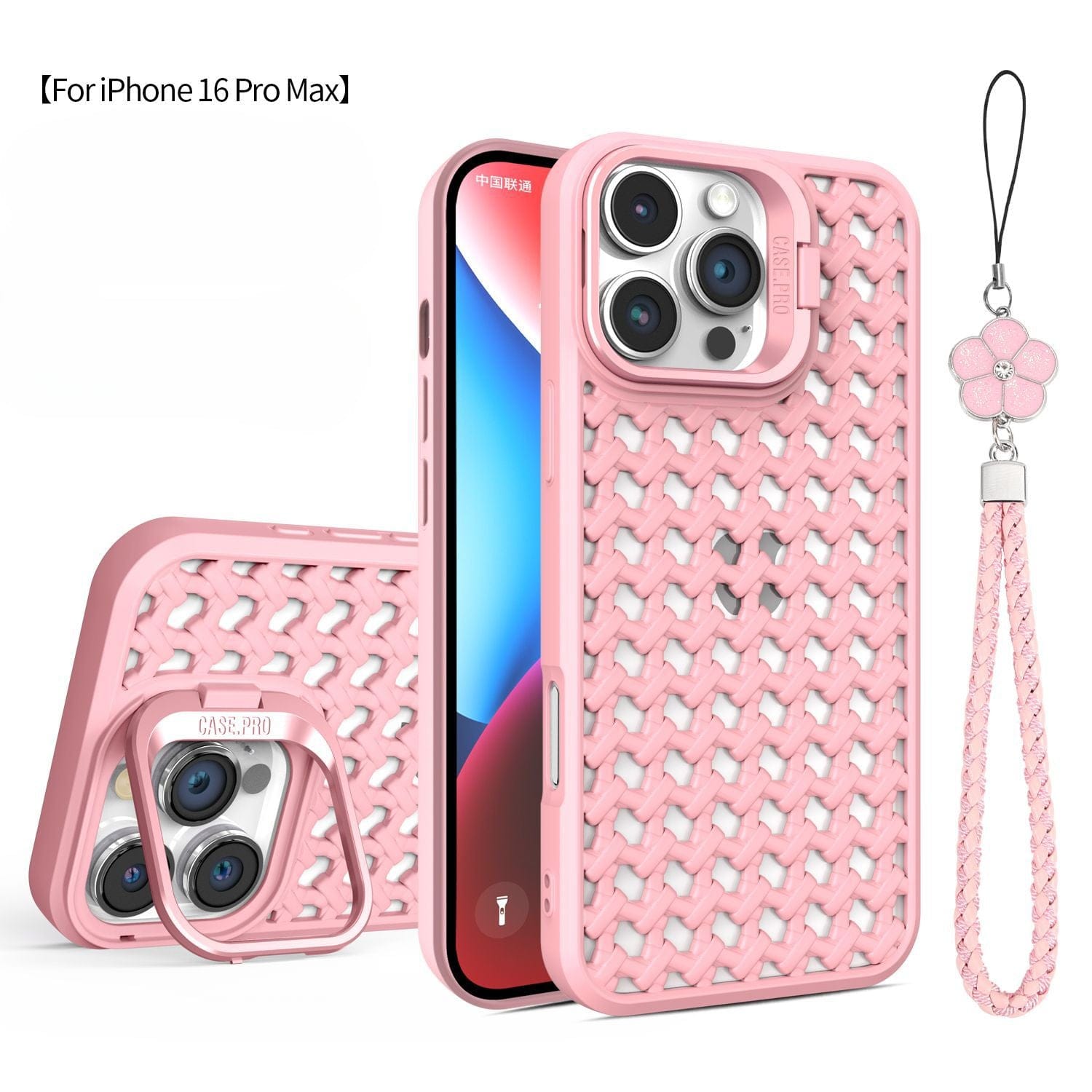 Pink Breathable Mesh iPhone 16 Pro Max Case with lattice design, shockproof TPU cover, and a matching pink detachable wrist strap featuring a small flower charm.