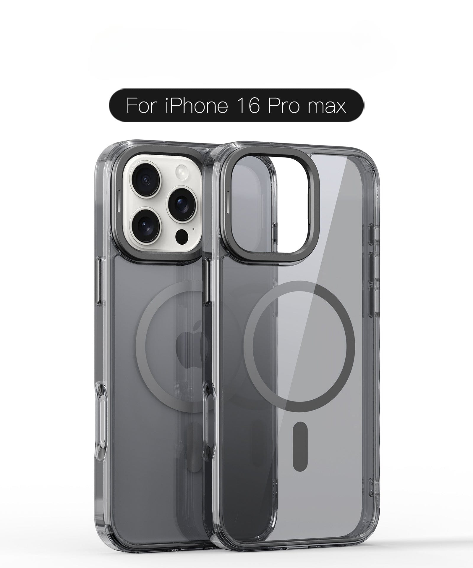 Clear MagSafe iPhone 16 Pro Max Case with Metal Camera Bracket, crafted from TPU+PC material and offering anti-scratch and drop protection, showcasing the sleek design from two angles.