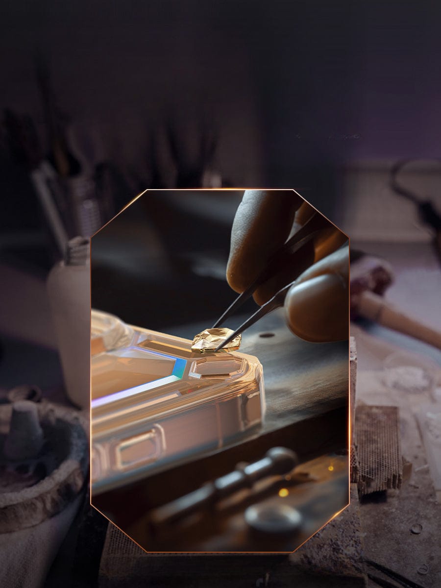 Close-up of person using tweezers to place a small circuit component onto a smartphone motherboard on a table cluttered with tools, an iPhone 16 Pro Max Case - Shockproof 360° Clear Anti-Fall Protective Cover with 3D Gem Design, and electronic parts.