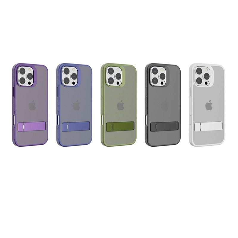 Five smartphones with iPhone 16 Pro Max cases featuring foldable kickstands are lined up. The cases come in purple, blue, green, dark grey, and white, all proudly displaying the Apple logo on the back. These cases have a soft-touch finish and offer slim TPU protection.