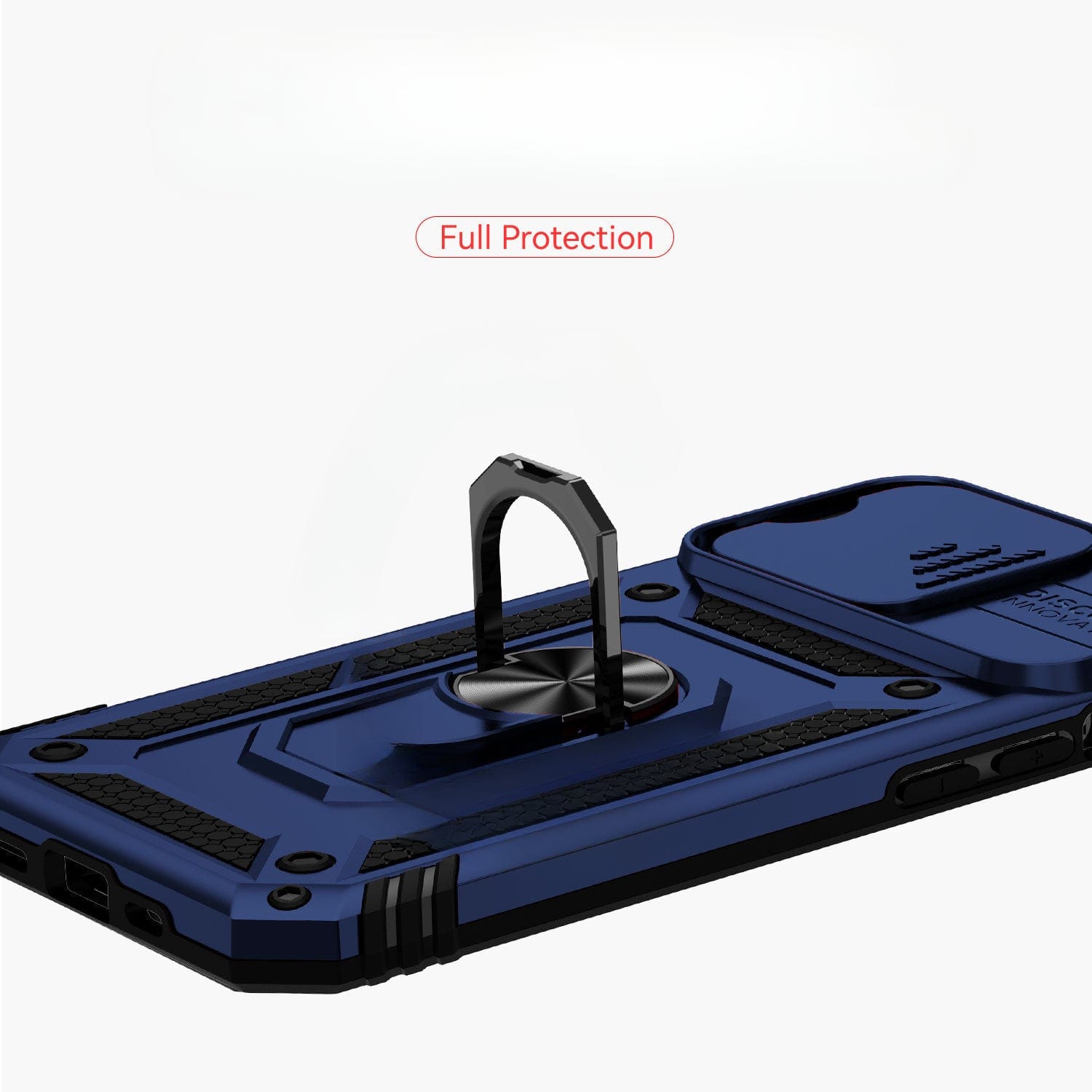 A rugged iPhone 16 Pro Max case in blue, featuring a magnetic ring stand, camera lens cover, reinforced airbag-protected corners, and MagSafe compatibility lies on its back. The text "Full Protection" is displayed above the case.