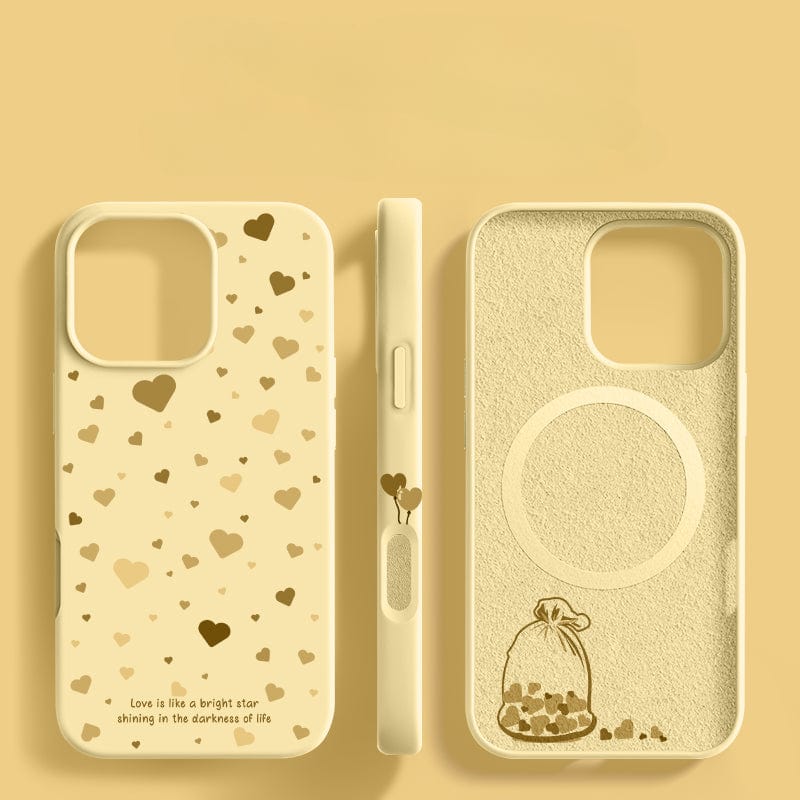 Three yellow phone cases for the iPhone 16 Pro Max are displayed. The first, the Soft Liquid Silicone Protective Cover with Shockproof Design and Anti-Fingerprint Coating, is crafted from food-grade silicone and features heart patterns along with a quote on the bottom. The second has a side button cut-out and heart design, while the third showcases a graphic of a jar filled with hearts.