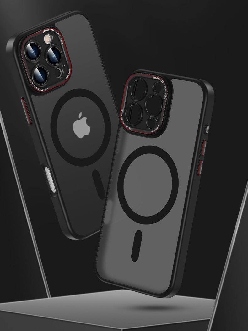 Two MagSafe Compatible iPhone 16 Pro Max cases in matte black floating above a platform. Each case showcases a circular MagSafe design and precise cutouts for the metal camera ring and buttons, made from TPU+PC material with shockproof and anti-fingerprint properties.