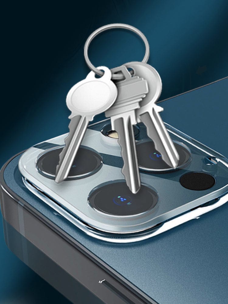 A set of keys rests on the iPhone 16 Pro Max Camera Lens Protector with 9H Tempered Glass, Anti-Scratch, Full Coverage.