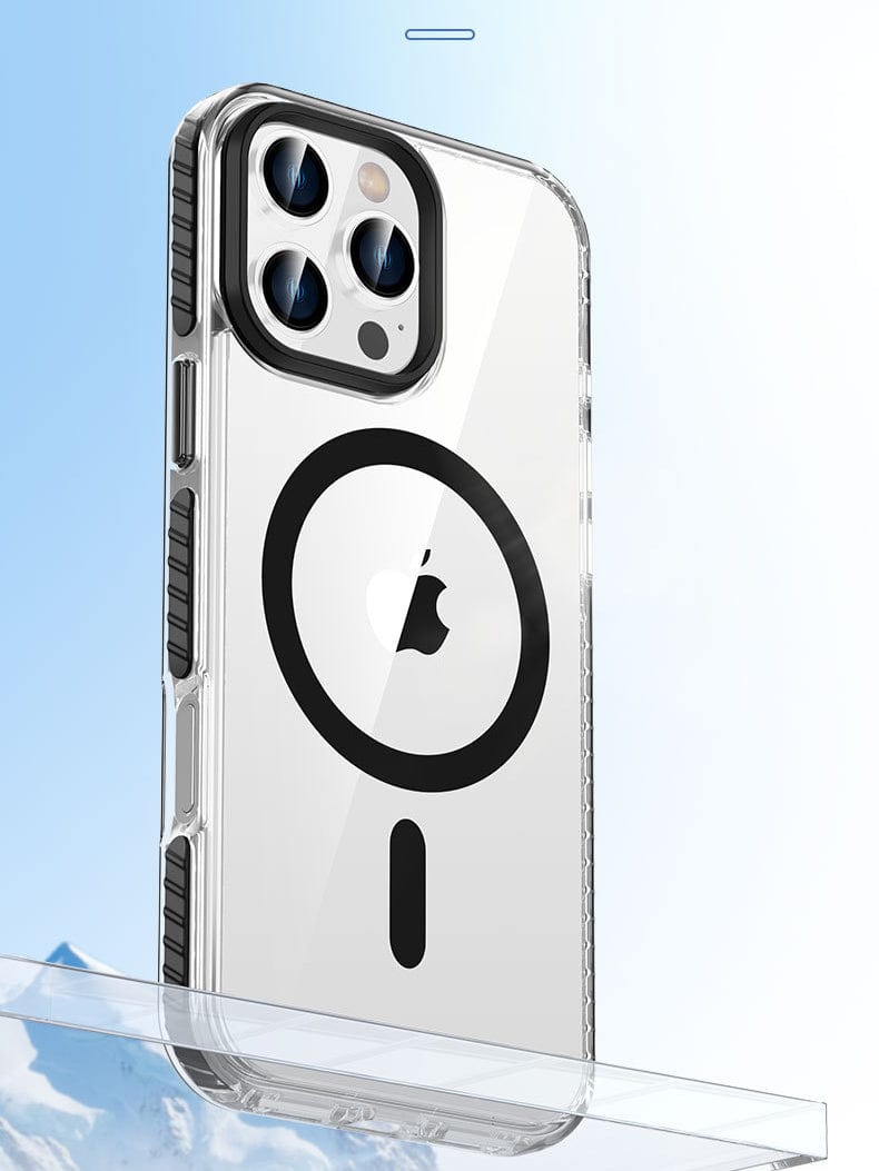 iPhone 16 Pro Max Clear MagSafe Case - Shockproof with Air Cushion Corners, TPU+PC Material, Metal Buttons showcased on an iPhone 16 Pro Max with a triple-camera setup, floating against a light blue background.