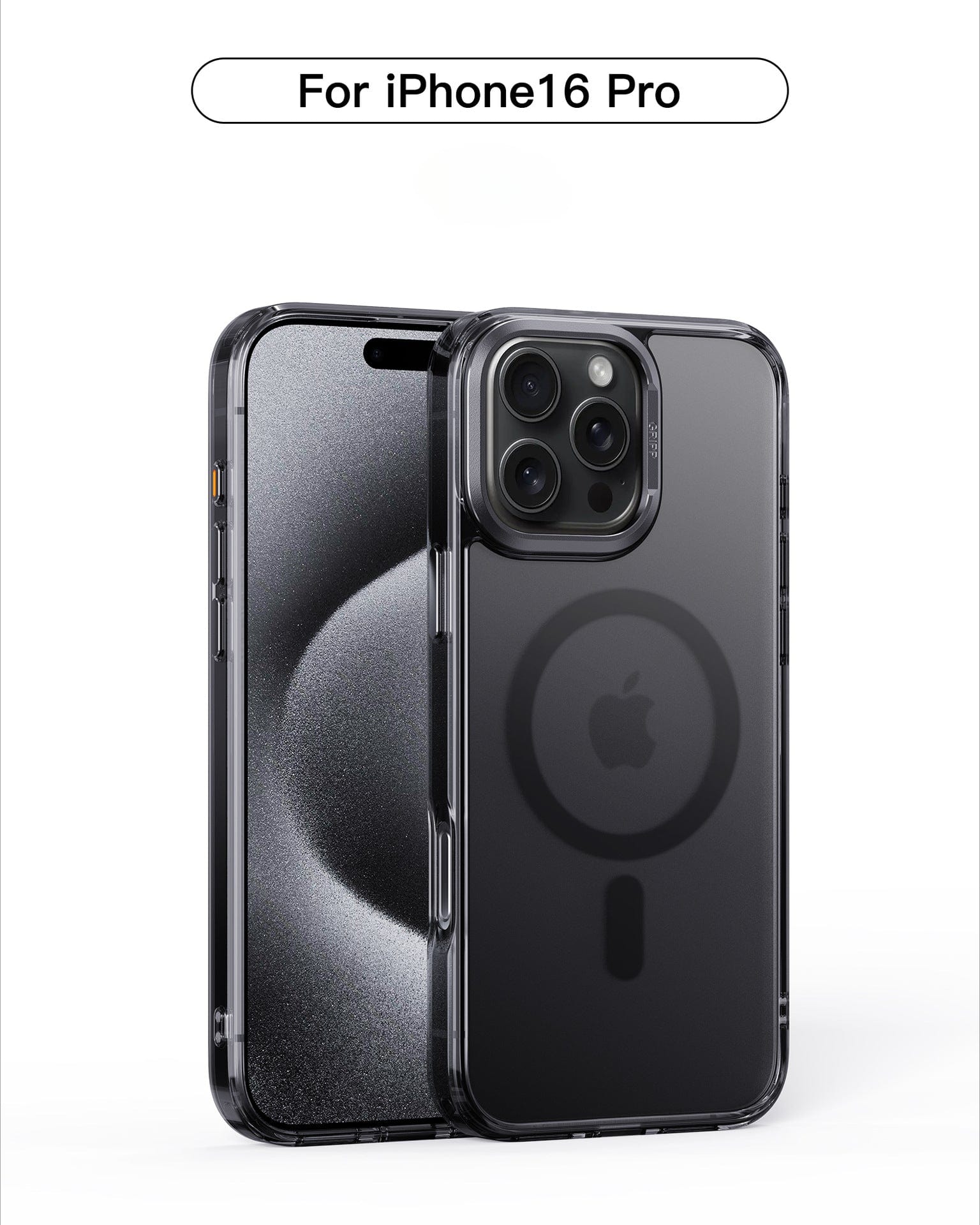 Black clear case for iPhone 16 Pro Max, designed with a raised camera protection and circular design featuring 36 N52 magnets on the back. It offers enhanced device safety and seamless MagSafe charging compatibility with aluminum alloy buttons for added durability.