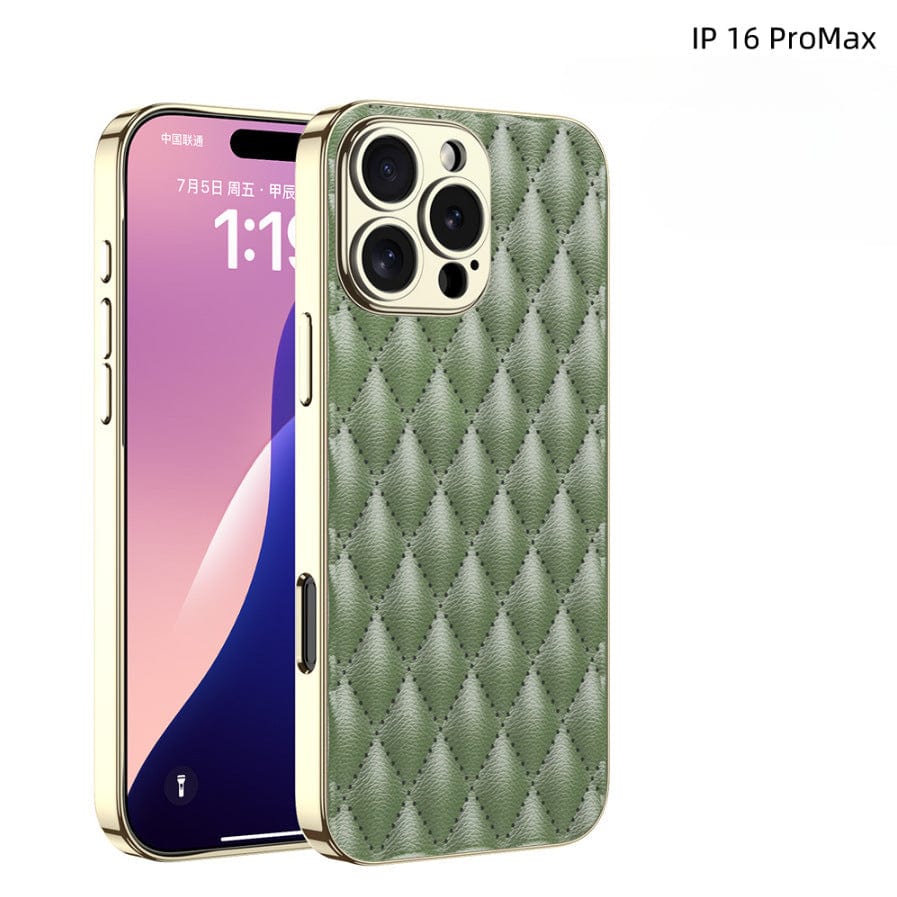 A smartphone with an "iPhone 16 Pro Max Case - Quilted Leather Texture, Shockproof, Luxury PU Leather Cover" in green is beside a display showing the time 1:19 PM and a pink gradient background, branded as "IP 16 Pro Max.