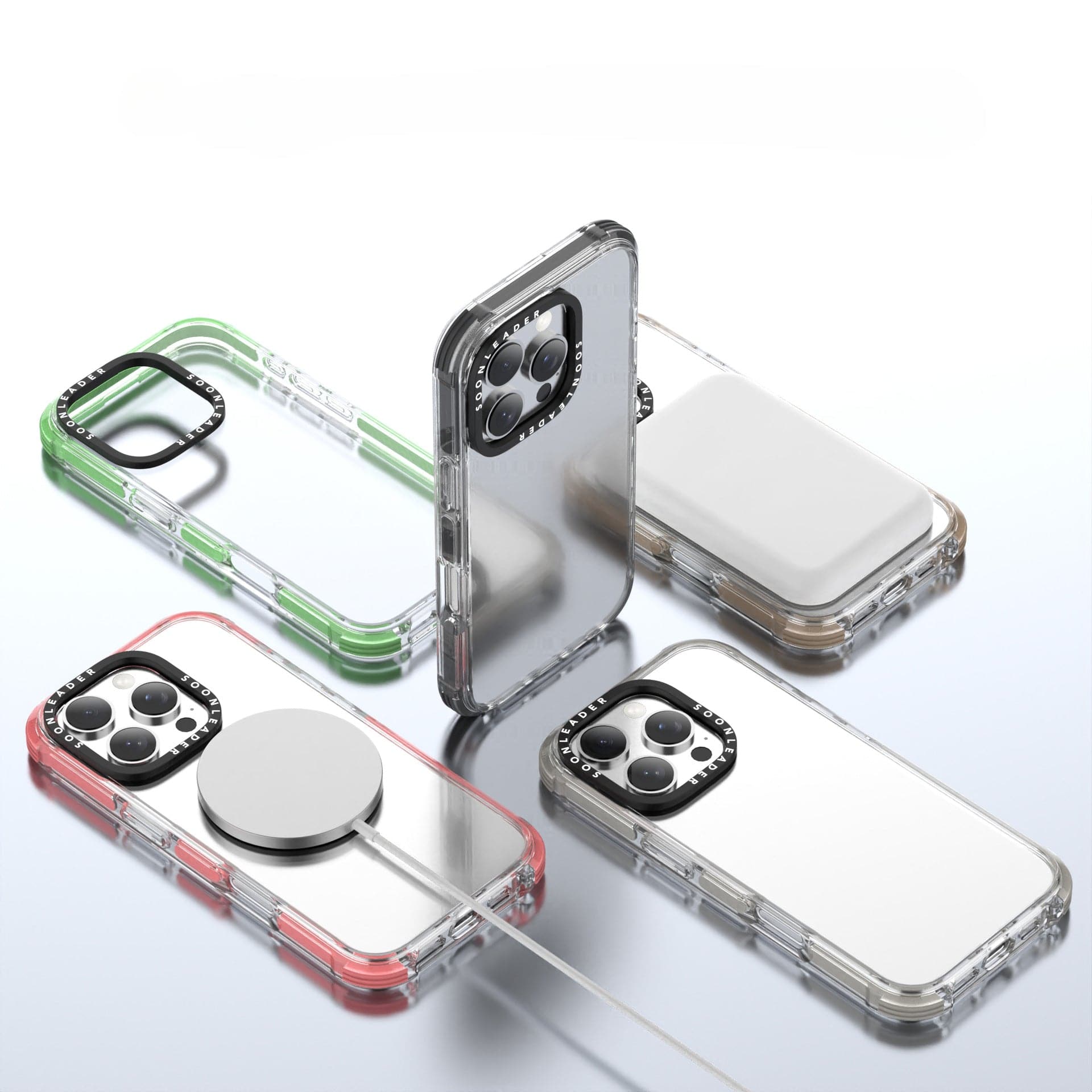 Four clear iPhone 16 Pro Max Clear MagSafe Cases with colored accents (green, red, and black) are displayed, showcasing various features including anti-yellowing technology, military-grade drop protection with reinforced corners, and MagSafe compatibility.