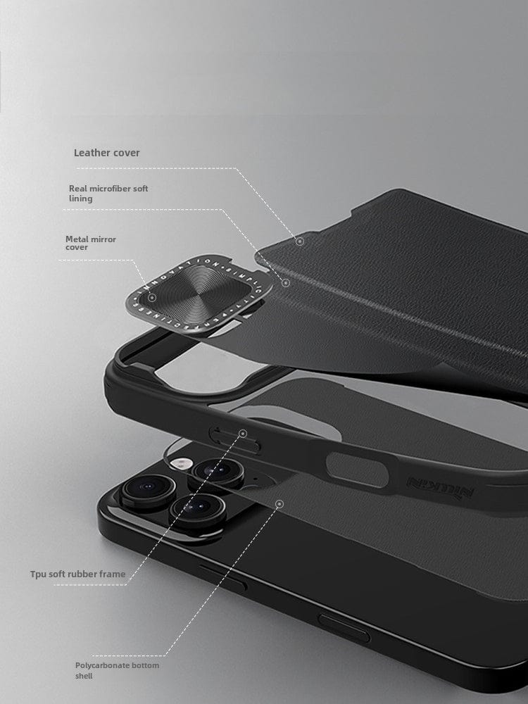 Exploded view of the iPhone 16 Pro Max Leather Flip Case with Card Holder showcasing the premium leather exterior, microfiber soft lining, metal lens cover, TPU soft rubber frame, and polycarbonate bottom shell for full protection.