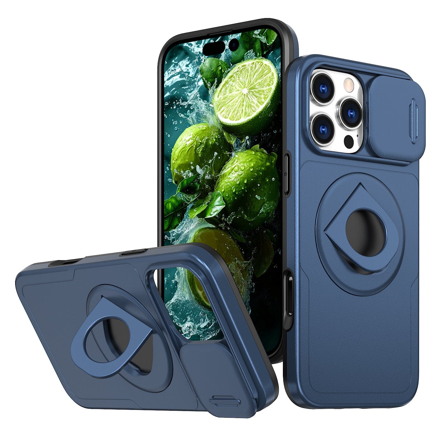 iPhone 16 Pro Max Case with Sliding Window, featuring a magnetic ring stand and camera protection, shown from various angles on a phone displaying an image of limes; made from anti-fingerprint, anti-slip, shockproof TPU+PC material.