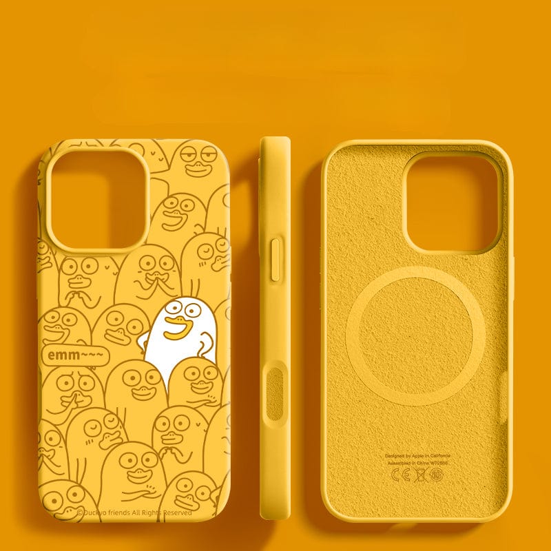 Orange iPhone 16 Pro Max Case with an Emm Duck pattern, shown from three angles: front, side, and back. The design features characters with various expressions and one highlighted in white. This case also boasts triple-layer shockproof protection for maximum durability.