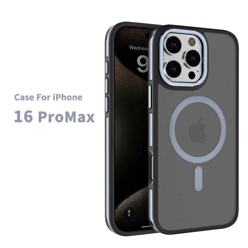 An iPhone 16 Pro Max encased in a sleek, black Soft-Touch case with MagSafe compatibility and the text "Soft-Touch iPhone 16 Pro Max Case" elegantly displayed on the side. This dual-color TPU design offers shockproof protection.