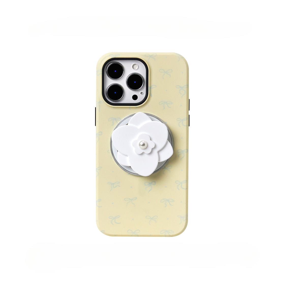 An Elegant Blossom MagSafe iPhone 16 Pro Max case in vibrant yellow, decorated with small light blue bows. Attached to the back is a charming white pearl flower-shaped phone grip.