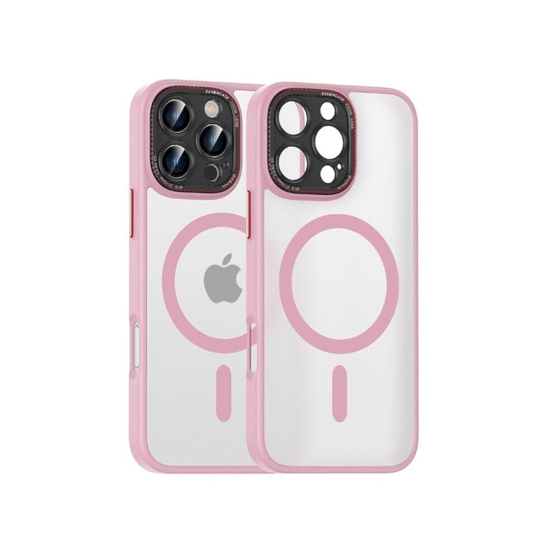 Two pink transparent MagSafe-compatible iPhone 16 Pro Max cases, featuring a matte finish, shockproof design, and anti-fingerprint properties. One case is placed face down, while the other is placed face up to showcase its metal camera ring and buttons.