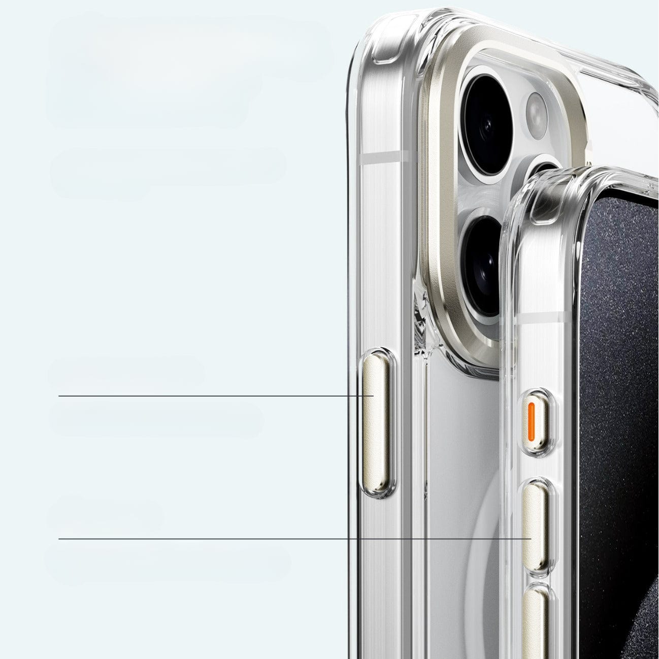 Two clear cases for smartphones feature raised camera protection and aluminum alloy buttons, highlighting their anti-fingerprint and protective capabilities.