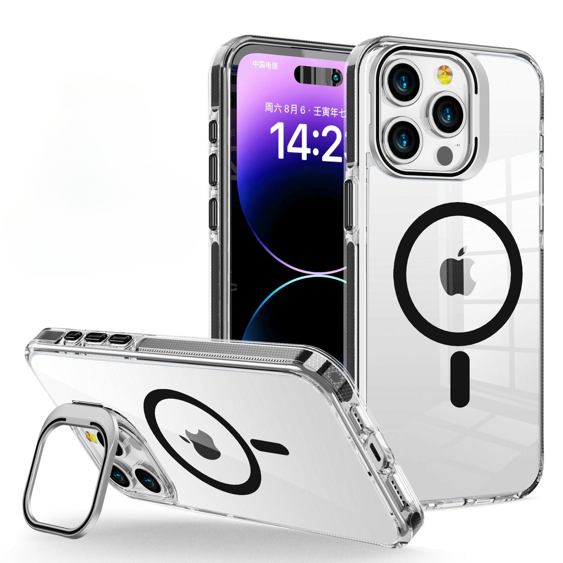 Three iPhone 16 Pro Max cases, made of clear acrylic and featuring a circular design on the back, showcase two smartphones displaying a digital clock reading 14:22. Each case comes with cutouts for the camera and buttons, as well as a MagSafe-compatible metal camera frame and an invisible kickstand.