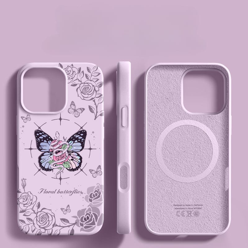 The iPhone 16 Pro Max Floral Butterfly Case showcases three views of its light pink, floral butterfly design. It features strategic openings for the camera and buttons, along with a triple-layer shockproof structure and a textured interior that is MagSafe charging compatible.