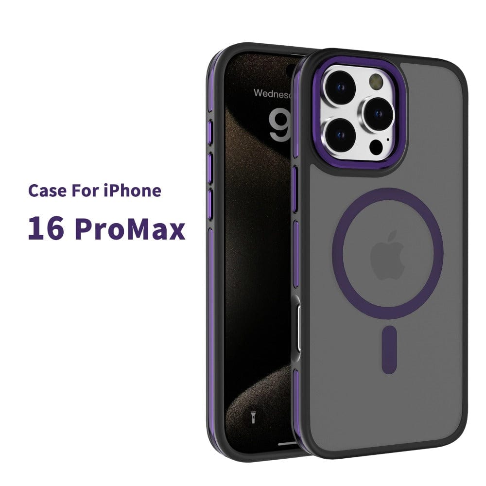 Displayed is the Soft-Touch iPhone 16 Pro Max Case with MagSafe, featuring a transparent design accented by a striking purple border and a distinctive circular MagSafe alignment mark on the back.