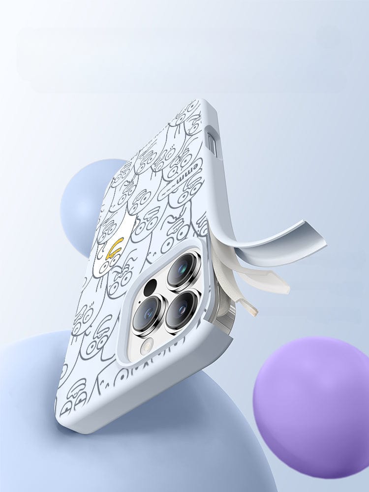 Display your iPhone 16 Pro Max with an Emm Duck cartoon silicone protective cover, featuring a built-in card holder and triple rear camera cutouts, set against a minimalistic background adorned with light blue and purple spheres. This case also offers triple-layer shockproof protection, anti-yellowing properties, and can be easily washed for enhanced durability.