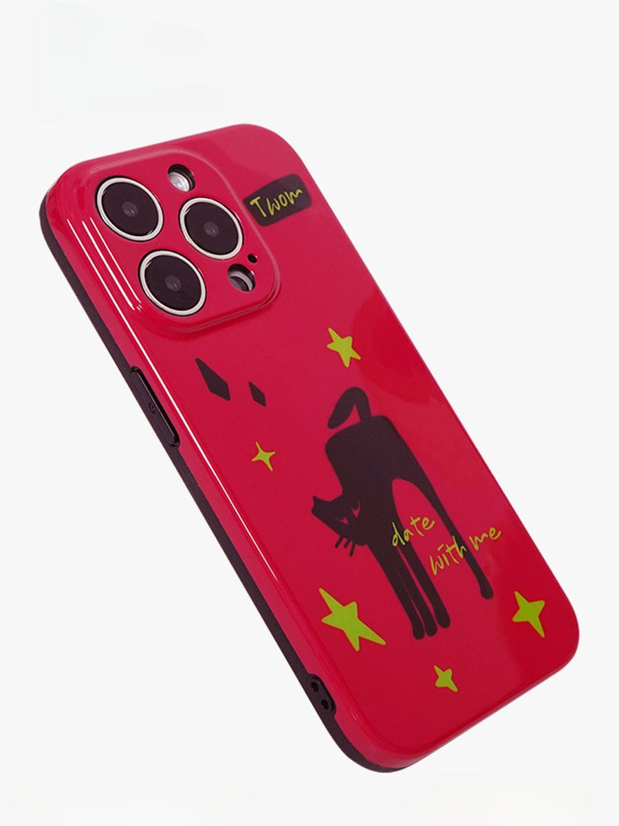 Introducing the Dare With Me Black Cat iPhone 16 Pro Max Case: a bold red protective cover adorned with a black cat illustration, yellow stars, and the playful text "date with me." The case is designed to accommodate the three camera lenses seamlessly.