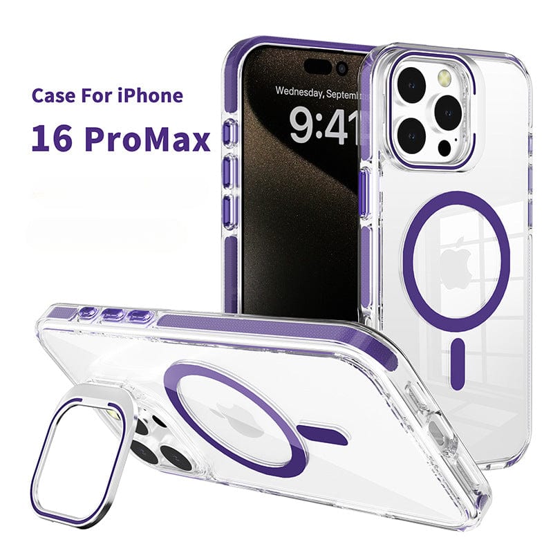 Clear MagSafe iPhone 16 Pro Max Case with Acrylic Frame Stand, crafted from TPU and acrylic material for the iPhone 16 Pro Max, includes camera protection and a built-in ring holder. Promo text emphasizes features.