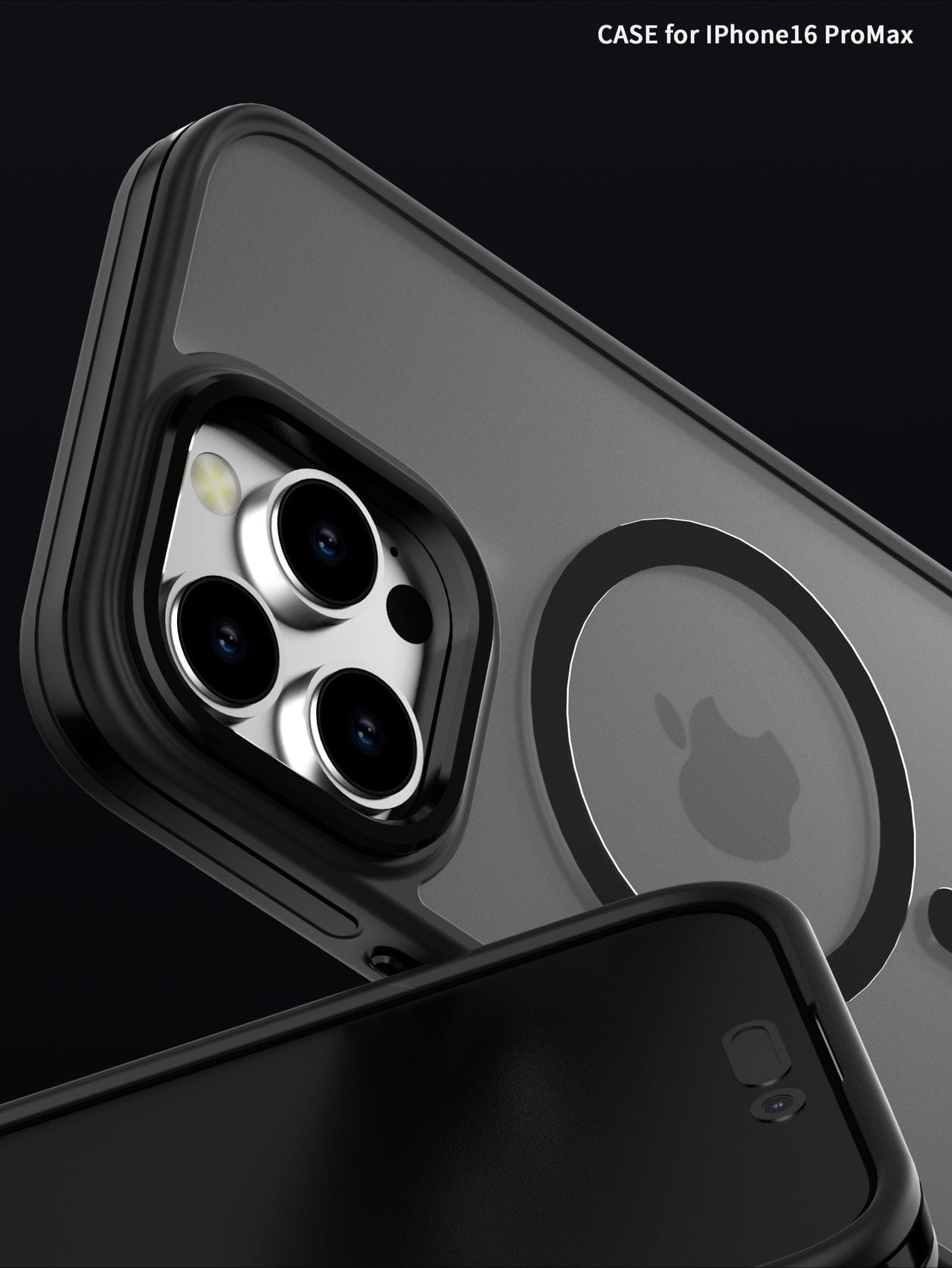 Close-up of the Soft-Touch iPhone 16 Pro Max Case with MagSafe, featuring a dual-color TPU design for optimal protection, precise camera cutouts, and the Apple logo on a dark background. "Soft-Touch iPhone 16 Pro Max Case" text at the top right corner.