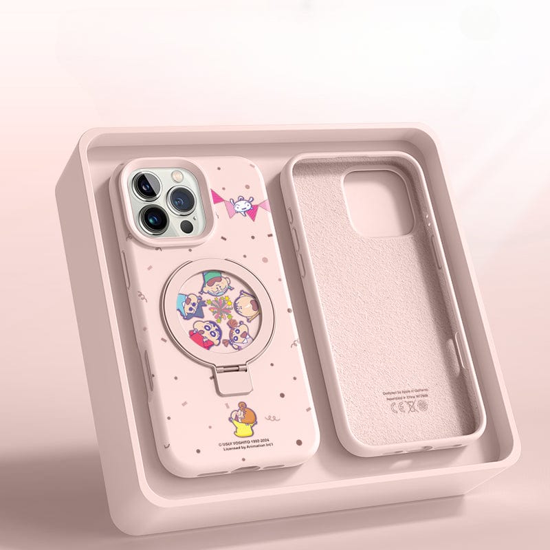 An iPhone 16 Pro Max Cartoon MagSafe Case - Liquid Silicone, Ring Stand, Shockproof Protective Cover featuring animated characters in a circular pattern is displayed in a box against a light background. An empty slot for the phone is to the right of the case.