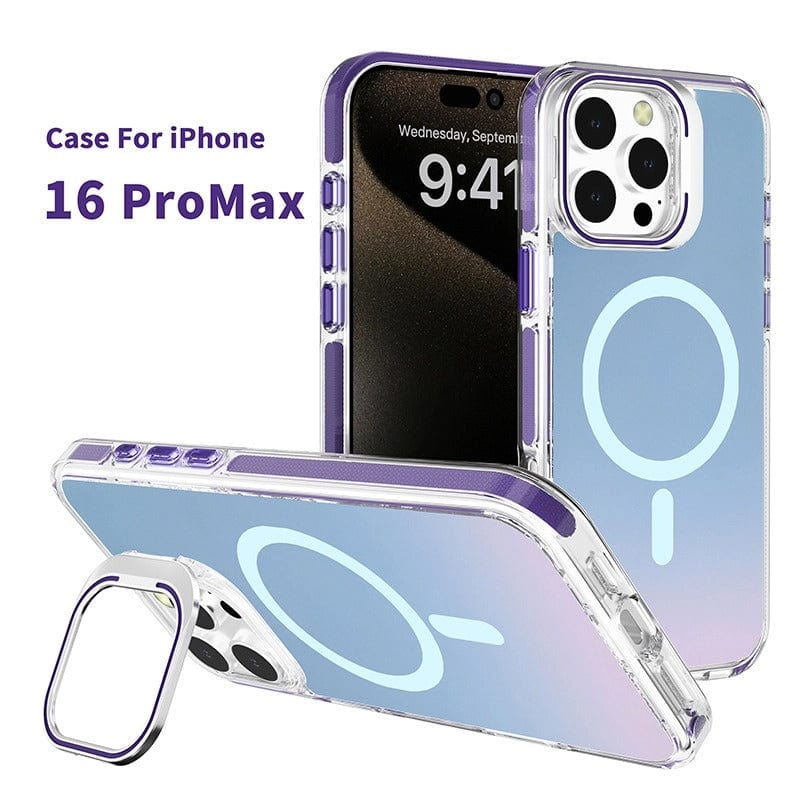 Clear iPhone 16 Pro Max case with an iridescent finish and MagSafe compatibility, featuring a colorful TPU bumper and displayed on a phone showing the time 9:41.