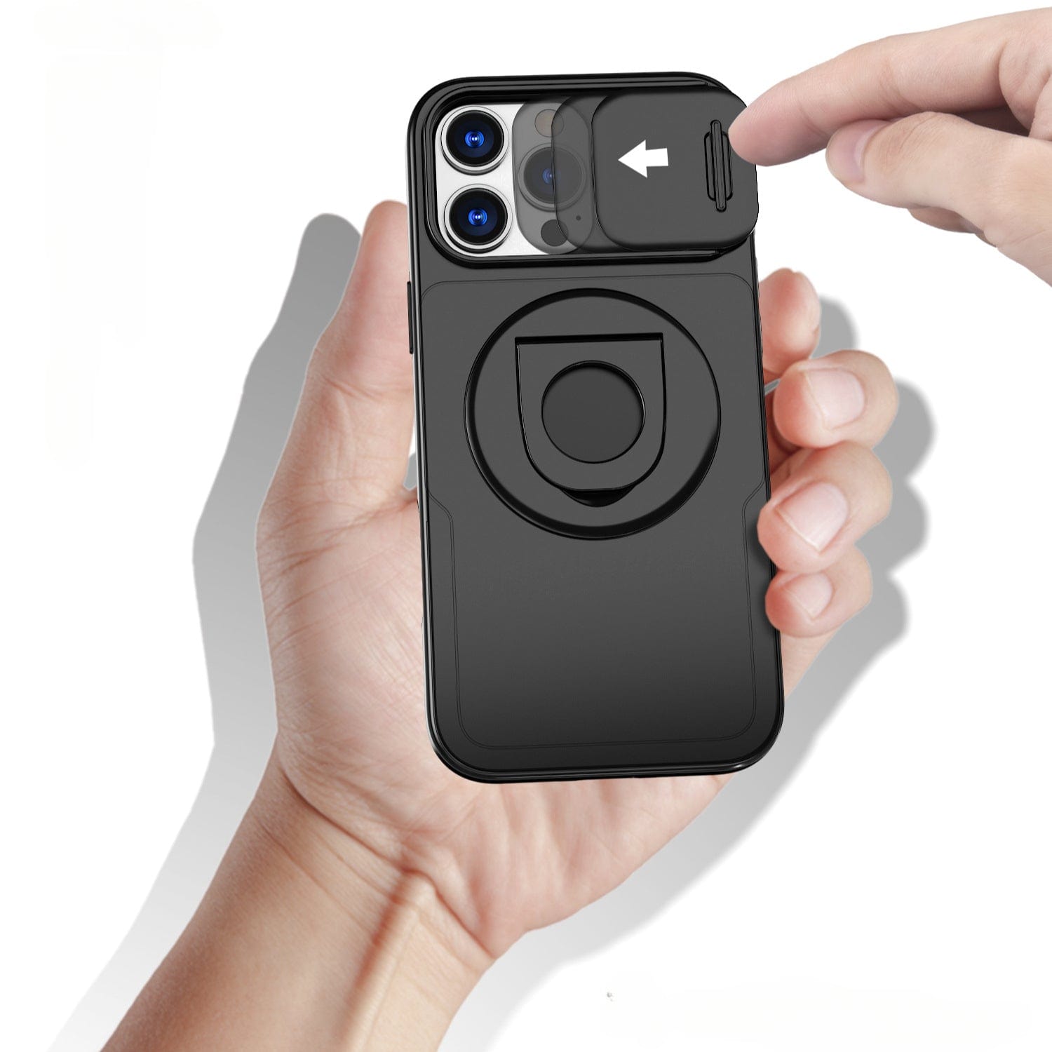 A hand holding a smartphone with a finger sliding the cover of the iPhone 16 Pro Max Case with Sliding Window over the rear lenses, ensuring camera lens protection.