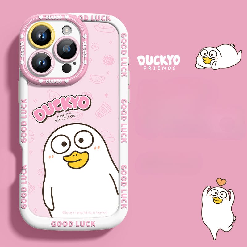 The iPhone 16 Pro Max Yellow Duck Cartoon Case is a soft liquid silicone protective cover that offers shockproof and anti-yellowing features. It boasts a cute design on a pink background, featuring the cartoon character "Duckyo" along with the texts "Have Fun with Duckyo" and "Good Luck." This adorable case also depicts Duckyo holding a heart in various playful poses, adding charm to your device while maintaining a slim fit.