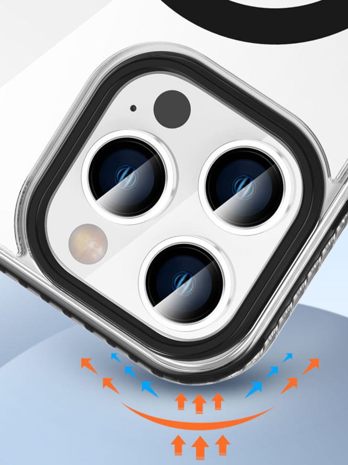 Close-up of a smartphone's rear camera module with three lenses and an LED flash. Blue and orange arrows indicating air circulation surround the device. It's akin to viewing the intricate design through a sleek iPhone 16 Pro Max Clear MagSafe Case - Shockproof with Air Cushion Corners, TPU+PC Material, Metal Buttons.