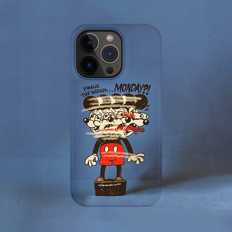 The Distorted Cartoon Monday Blues iPhone 16 Pro Max Case - Bold and Protective showcases a charmingly chaotic design featuring a disheveled character with three overlapping faces and raised hands, dressed in a red outfit. This animated illustration stands out against a solid light blue background, with the text humorously exclaiming above it, "FINALLY, THE WEEKEN...MONDAY?!