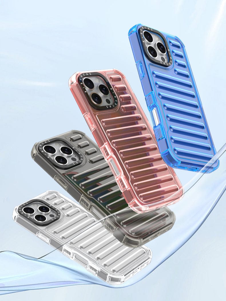 Four iPhone 16 Pro Max Clear Air Cushion Cases, offering Shockproof Dual-Layer Hybrid Protection in transparent, black, pink, and blue colors, are displayed floating above a light blue background.