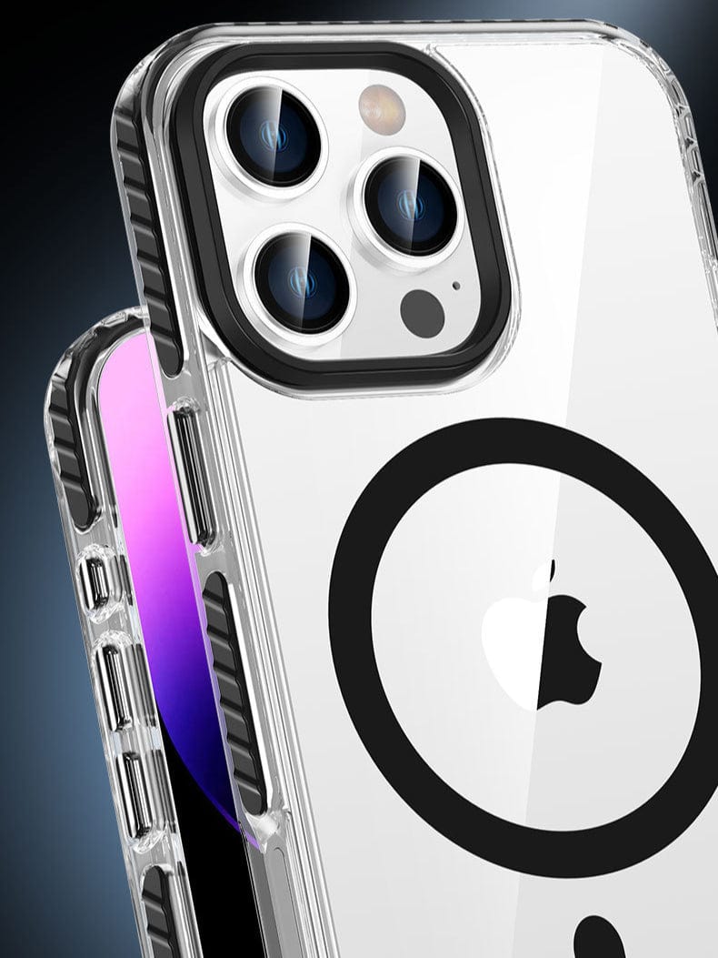 Close-up of an iPhone 16 Pro Max Clear MagSafe Case with a black ring design on the back, showcasing the three-camera lenses and a flash on a smartphone with a purple screen. The case is shockproof with air cushion corners and made from TPU+PC material, featuring metal buttons.