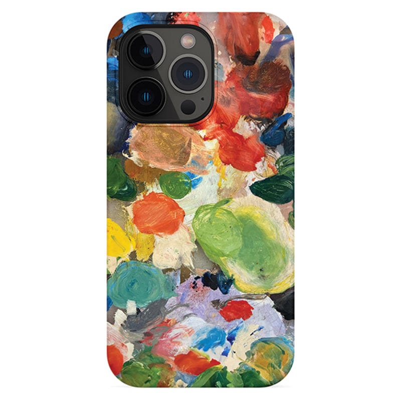 A smartphone featuring the Abstract Paint Palette iPhone 16 Pro Max Case, which boasts an artistic, colorful paint splatter design. The vivid colors—red, green, blue, yellow, and white—create a dynamic and visually striking appearance. The camera lenses are also visibly accessible at the top.