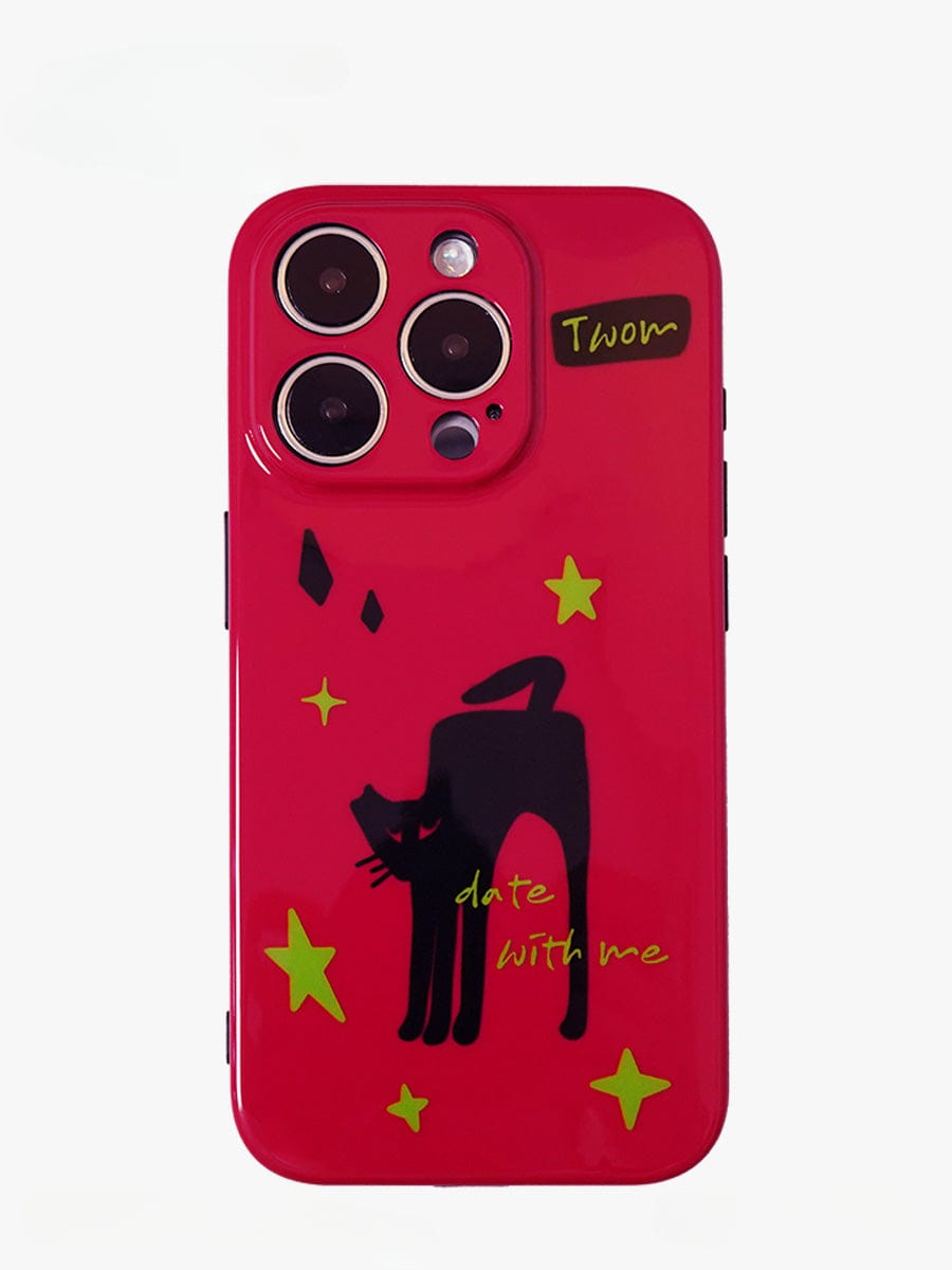 A Dare With Me Black Cat iPhone 16 Pro Max case in bold red, featuring camera cutouts with a black cat illustration, green stars, black diamond shapes, and the texts "Twom" and "date with me.