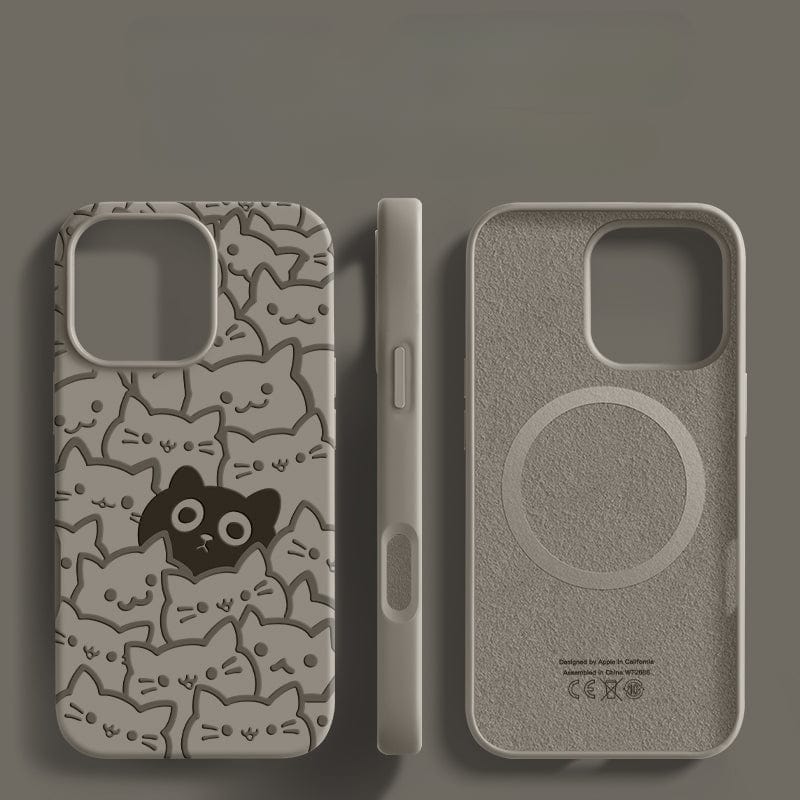 Three smartphone cases in a shade of gray. The iPhone 16 Pro Max Cute Cat Pattern Case on the left, made of liquid silicone, features a cartoon design with multiple cats and one black cat. The middle case shows a side view, while the right one displays a plain back with triple-layer shockproof protection.