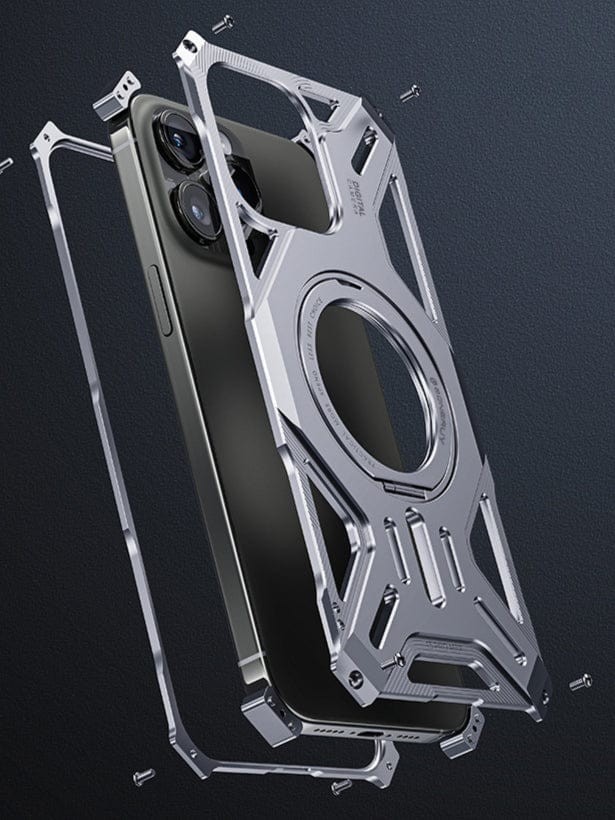 An exploded view of the iPhone 16 Pro Max Aerospace Aluminum MagSafe Case, with the phone inside, showcasing various screws and components. This intricately detailed design, crafted from aerospace aluminum alloy and featuring a 360° ring kickstand, ensures shockproof protection and MagSafe compatibility.