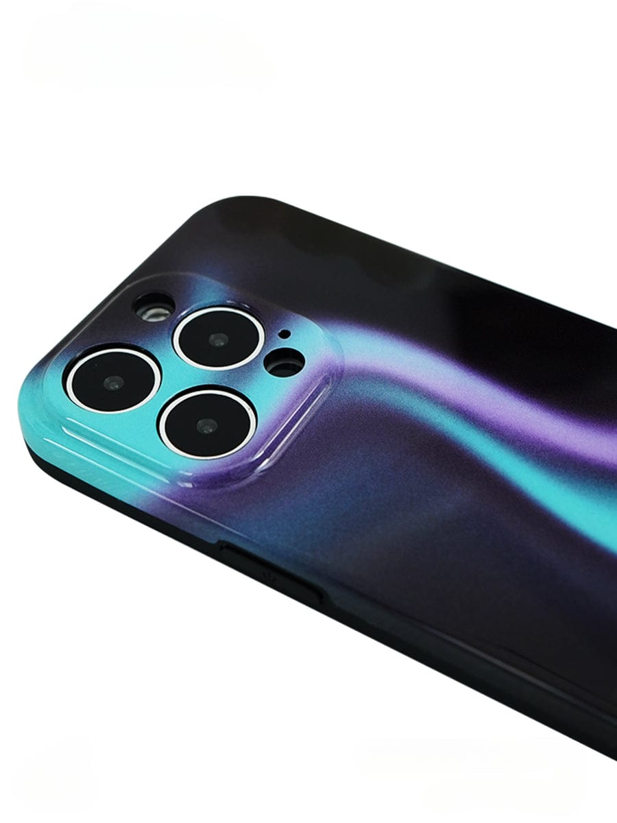 A close-up of the Northern Lights iPhone 16 Pro Max Case, showcasing its glossy Aurora Gradient Design with abstract patterns in shades of purple, blue, and black. The phone's three camera lenses and flash are arranged in a triangular formation on the top-left corner of the back.