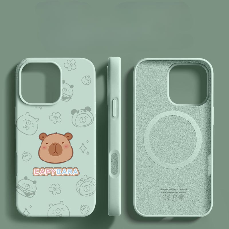 Green iPhone 16 Pro Max Case - Cute Capybara Silicone Protective Cover with "CAPYBARA" text, featuring a triple-layer shockproof design and anti-fingerprint coating, showcasing front, side, and interior views.