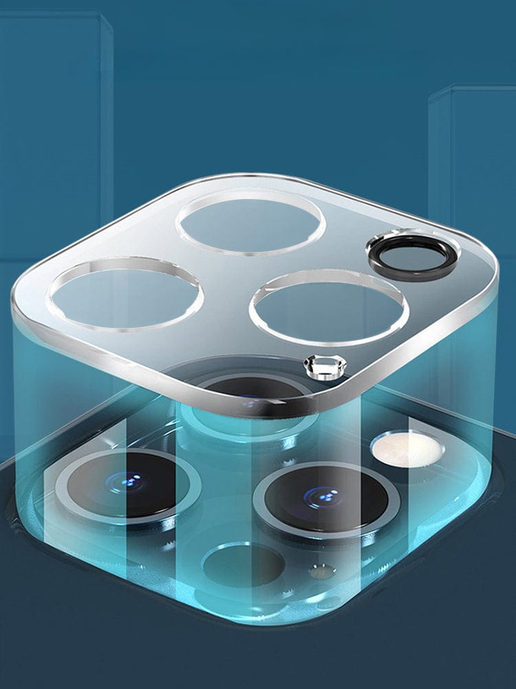 Close-up of an iPhone 16 Pro Max's camera module, showcasing multiple lenses and sensors in a compact, layered design on a blue background. This model features the iPhone 16 Pro Max Camera Lens Protector with 9H tempered glass for ultimate durability and full coverage, ensuring anti-scratch protection.