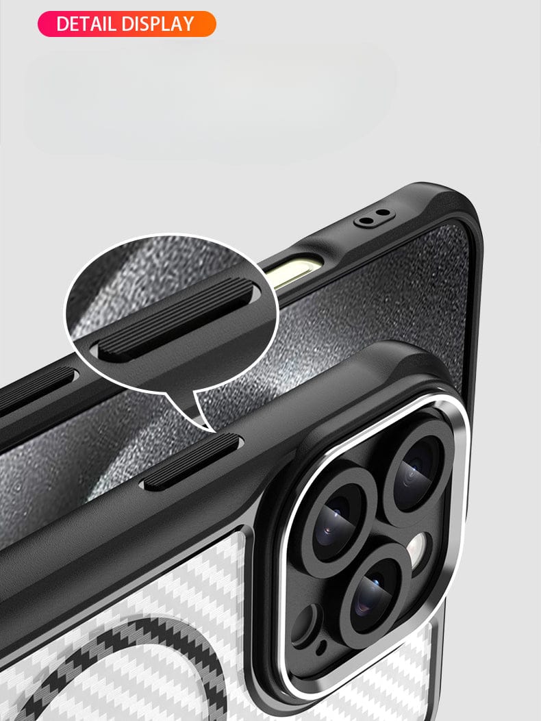 Close-up of the camera and side button details on the iPhone 16 Pro Max Case - Semi-Transparent Carbon Fiber + PC Material. The phone case is black with textured side buttons and features a white carbon fiber pattern on the back. A "Detail Display" label is at the top.