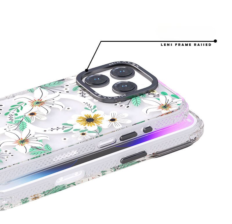 Two floral-patterned phone cases are displayed, stacked together. A callout highlights the raised lens frame feature on the top case, emphasizing protection for the camera lenses. The Floral MagSafe iPhone 16 Pro Max Case offers shockproof protection and is MagSafe compatible for your convenience.