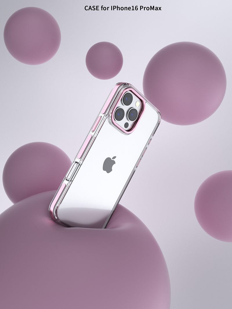 iPhone 16 Pro Max Clear Case with TPU Bumper featuring pink accents displayed against a background of large pink spheres.